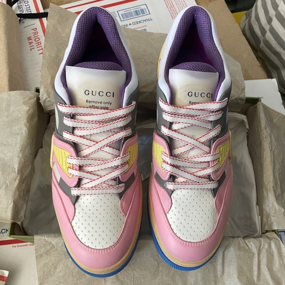 NEW GUCCI Basket Panelled Low-Top Sneaker in Pastel Pink Yellow White Demetra 40 - Picture 12 of 14